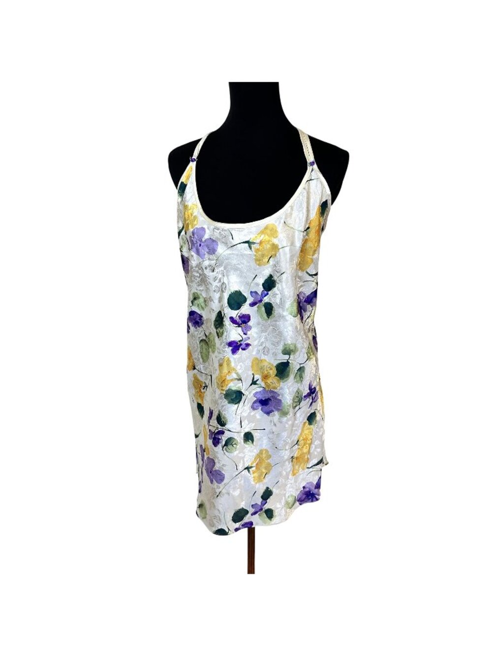 Womens Floral Satin Slip Dress Neglige Adjustable Straps Cream 2X Nightgown